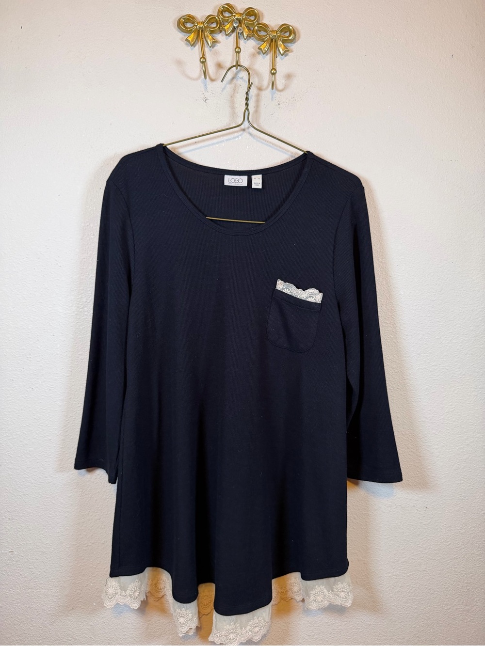 Logo Black Long-Sleeve Tunic Top with Ivory Lace Detailing.  Size XL
